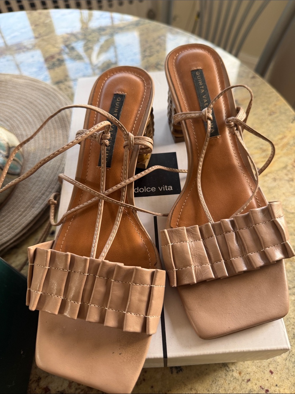 Dolce Vita Ruffle Strap Lace-Up Heeled Sandals in Tan